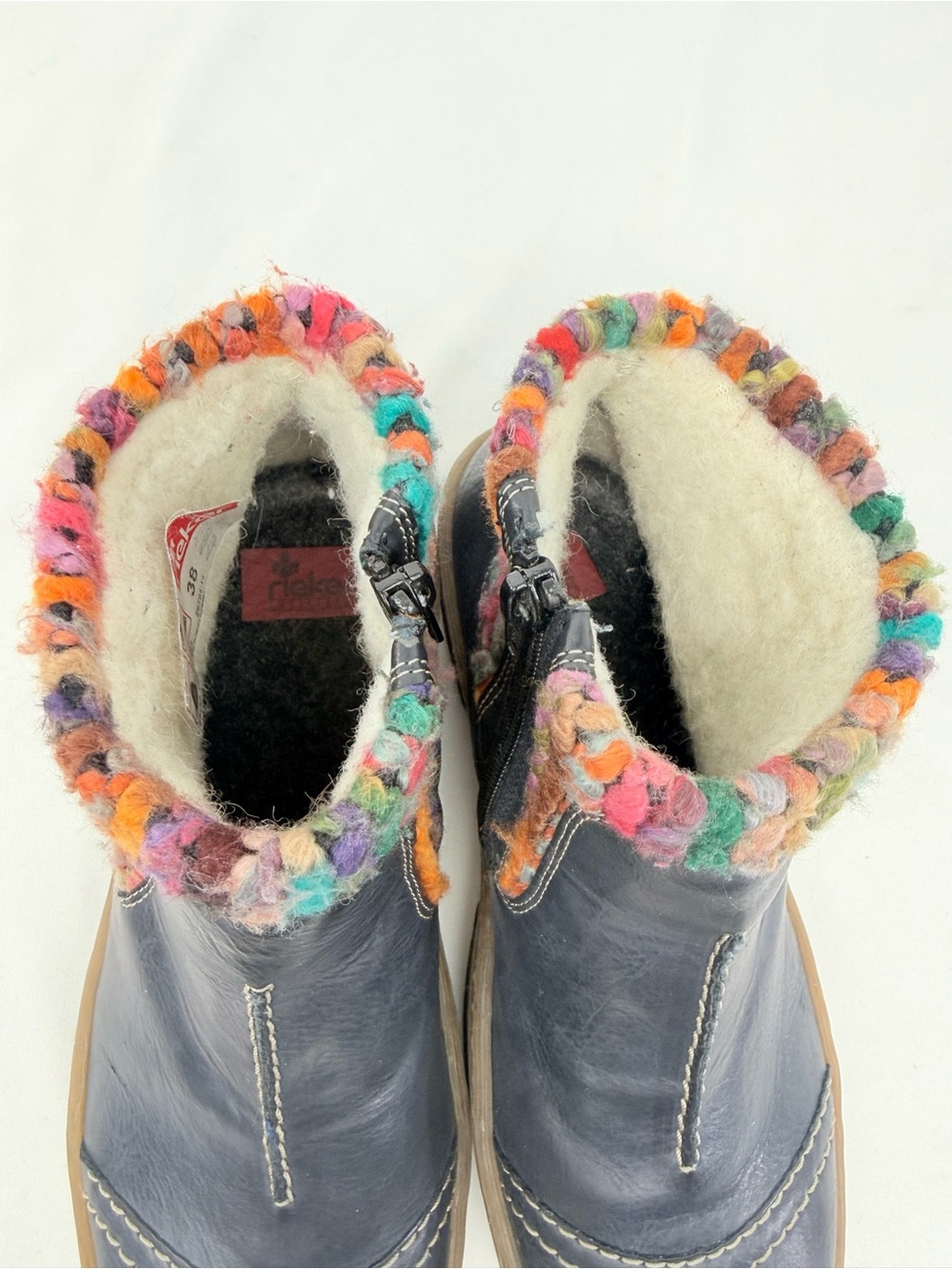 Rieker FELICITAS Ocean Blue Leather Multicolor Yarn Wool Fleece Zip Ankle Boots - Picture 14 of 16